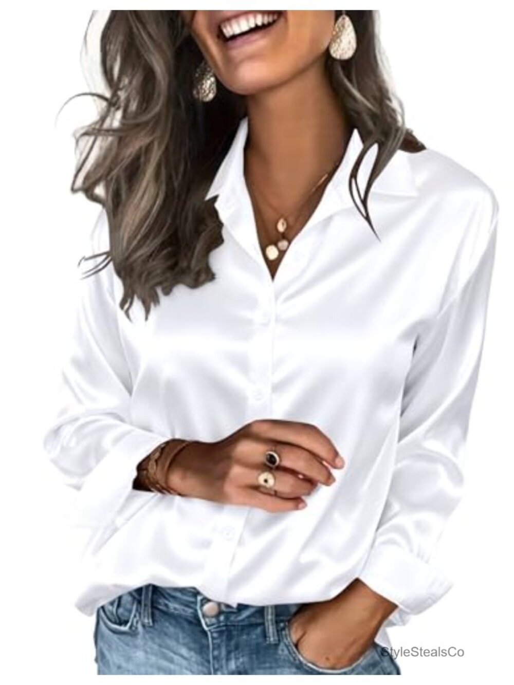 Satin Button Down Shirt Long Sleeve Blouse for Women Office Wear